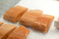 Close up of salmon fillets spread over ice on a fish mongerÃ¢â¬â¢s Royalty Free Stock Photo